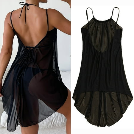 MRULIC swimsuit coverup for women Women Bikini Drawstring Waist Knot Mesh Cover Up Without Lingerie Split Fork Dress Beach Wrap Bikini Shiny Wraps Cover Ups For Swimwear Black + XXL