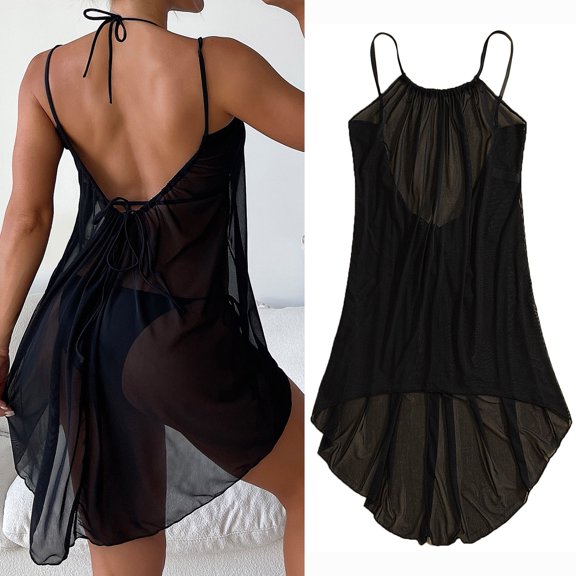SXCXLSA Women's Mesh Tie Back Strappy Side Split Sheer Swimsuit Cover Up Dress Bikini Beach Coverup Black L