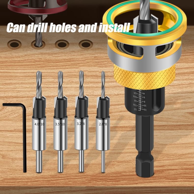 Two-Flute Counterbore with Depth Stop, Countersink Drill Bits Set, 4PCS Four-Flute Tapered Drill Bits and Adjustable Depth Stop Collar, for Woodworking, Cabinetry, DIY,Gold