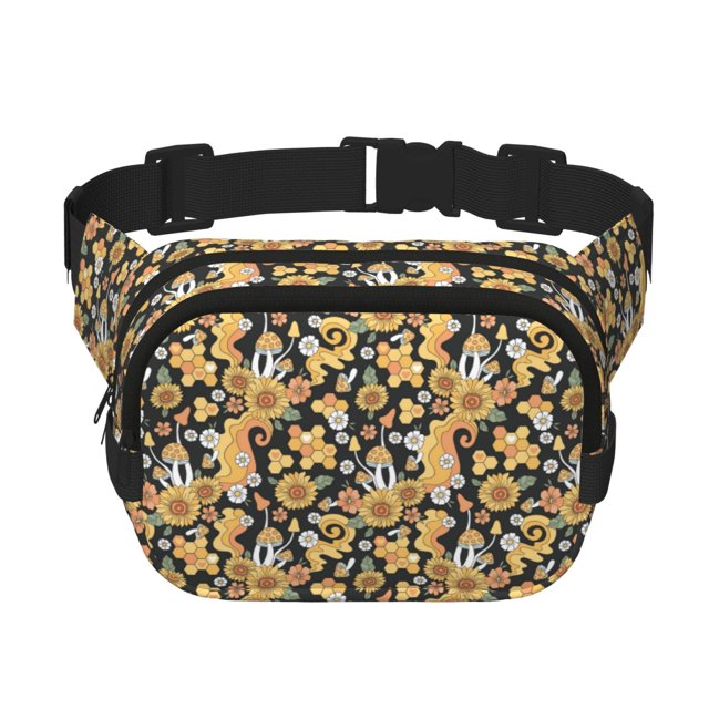 Fotbe Mushrooms Honeycomb Cangurera Cuadrada con Estampado de Doble Capa, Bolsa de Cintura Ajustable Mini para Hombres y Mujeres