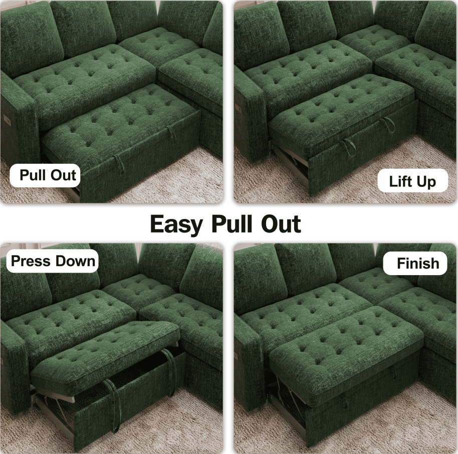 7-Seat Modular Sectional Sofa with Pull-Out Bed, Reclining Backrest, USB Ports, Table, LED Lights & Storage Seats – Tool-Free Assembly, Comfortable Living Room Furniture Green