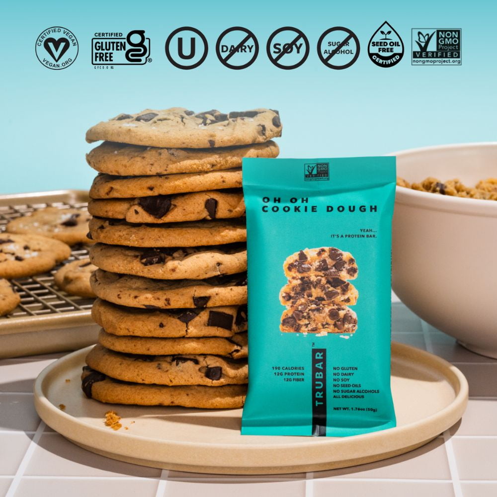 TRUBAR Protein Bar, Oh Oh Cookie Dough, Plant Based Protein, Vegan, Gluten Free, Kosher, 12 Count (Box)