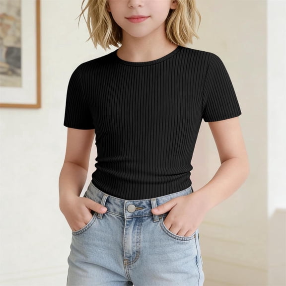 UACY Girls Short Sleeve Shirts Kids Ribbed Knit Side Ruched Tops Crew Neck Slim Fit Tees Summer Basic Cute
