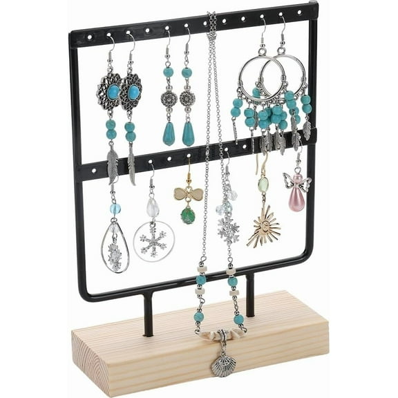 Earring Stands 2 Tier Earring Display Stand 8.3inch Small Jewelry Organizer 24 Hole Black Earring Holder Stand Jewelry Rack Solid Wood Base Jewelry Tree for Hanging Dangle Earrings Ear Stud 1bag
