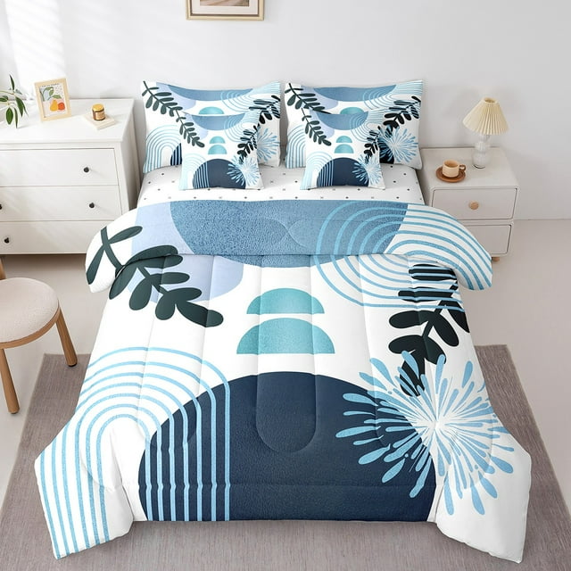 Boho Mid Century 7 Piece Comforter Set Full Bed in a Bag Abstract Geometric Modern Minimalist Bedding Sets,Geometry Line Art Sheet Set Circle Graphic Ombre Stripes Room Decor,Teal Blue