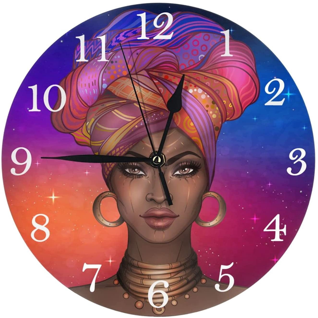 Afro American Black Woman Wall Clock Battery Operated Silent Round ...