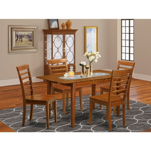 Dinette Table Set 5 Piece Saddle Brown - Extension Leaf Table & 4 Chairs - Modern Kitchen Dining Set