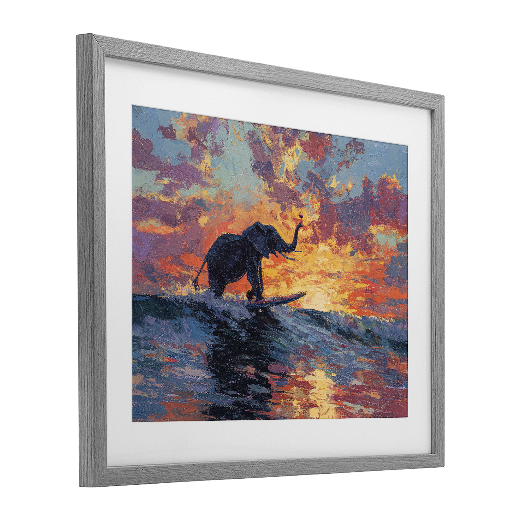 Sunset Surf Elephant Gray Framed Print Under Glass, design by Ziwei Li