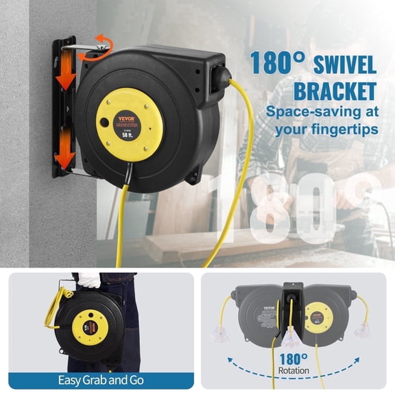 Auto-Rewind 50FT Power Cord Reel, 14AWG/3C SJTOW, 3-Outlet Retractable Extension Cord