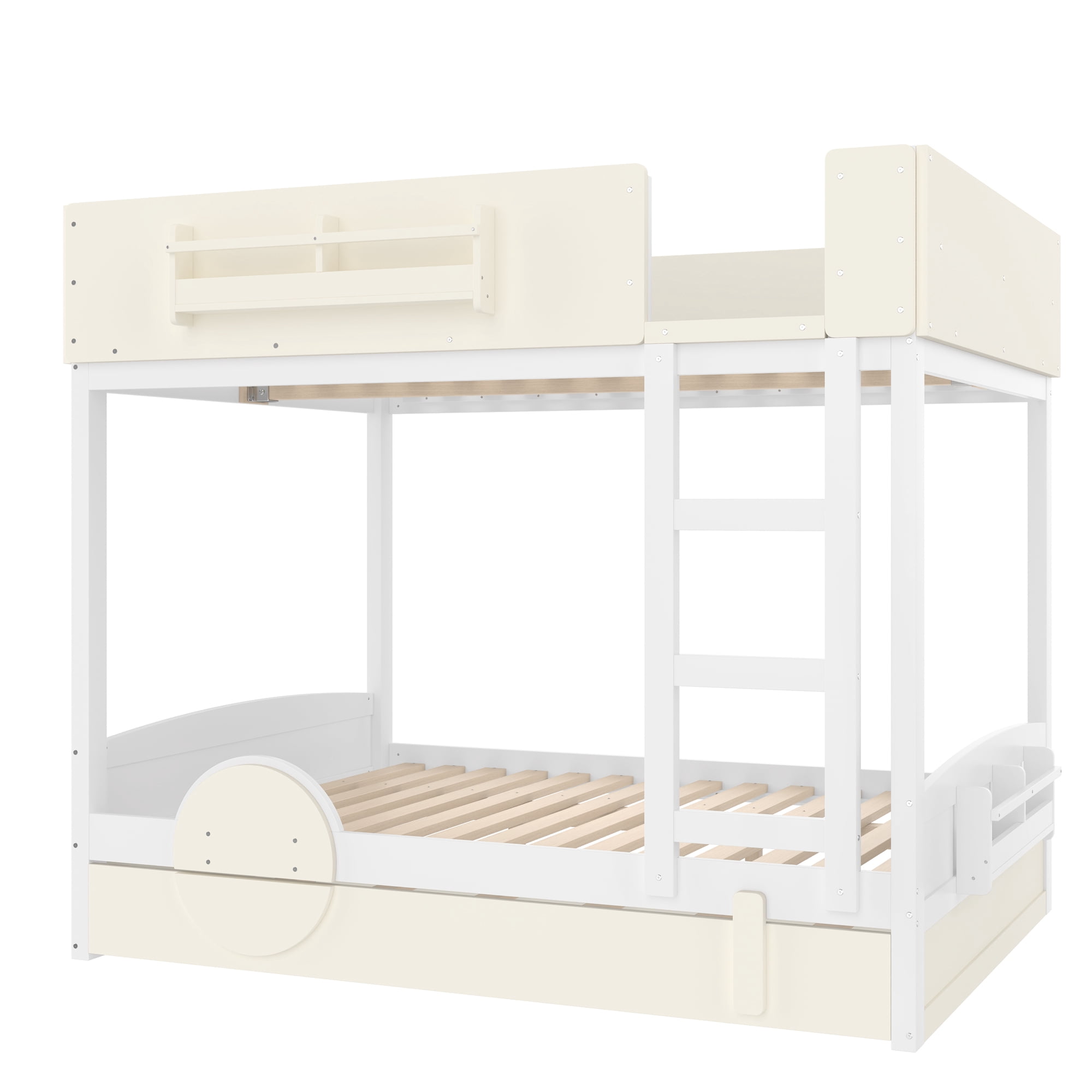 Mintazer Full Over Full Car Themed Bunk Bed with Trundle & Bookshelf, Modern Bunk Bed with Guardrail for Kids, White & Beige