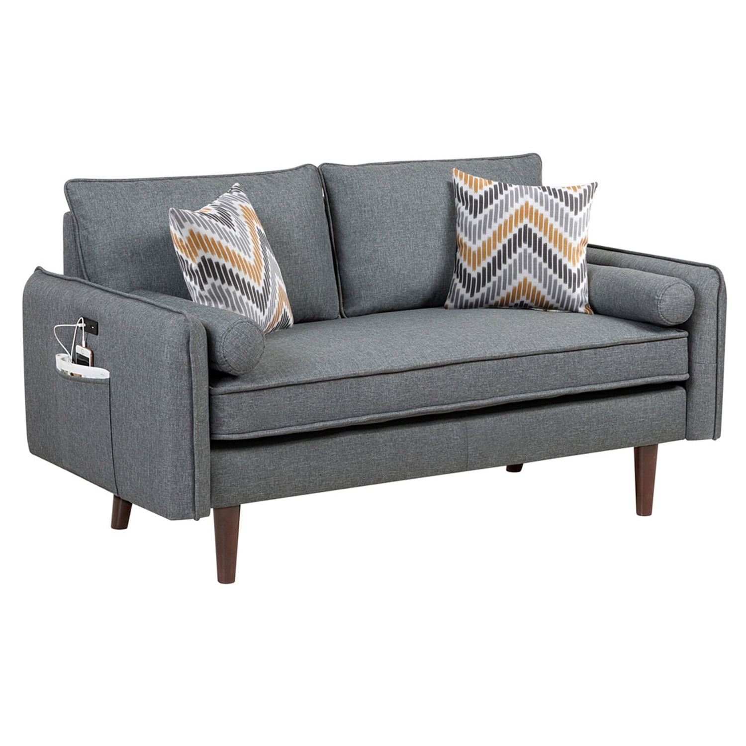 Lilola Home Mia MidCentury Modern Gray Linen Loveseat Couch with USB