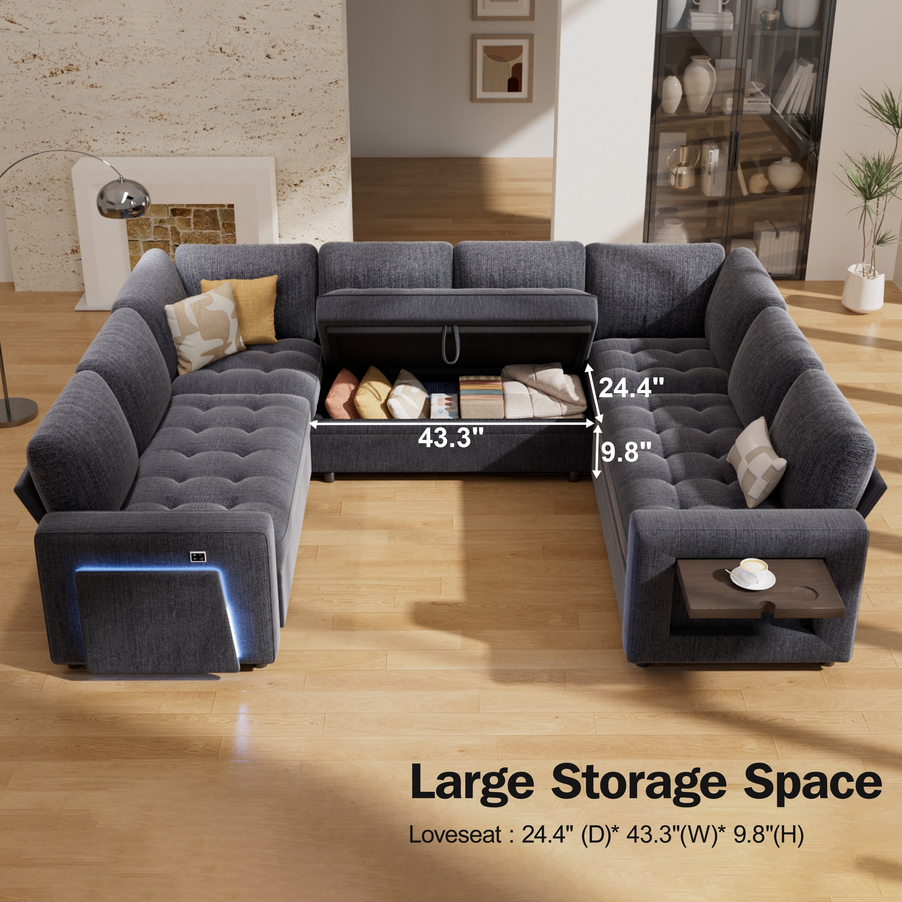 8-Seat Large U Shaped Modular Sectional | Pull Out Bed Sleeper Sofa Dark Grey/ Reclining Backrest, USB Ports, LED Light & Storage Seat - Tool-Free Assembly