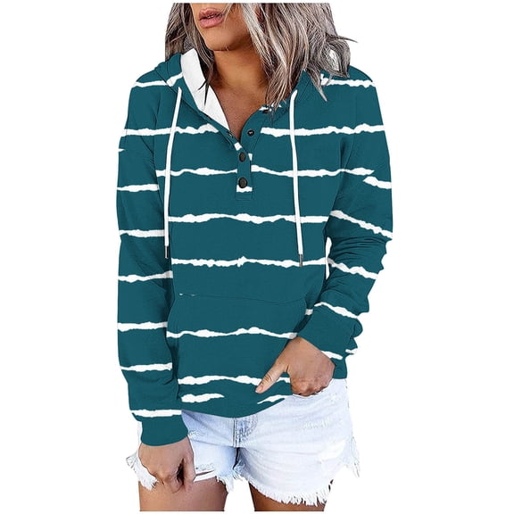 Iroehba Hoodies for Women Long Sleeve Striped Hooded Pullover Drop Shoulder Button Front Pocket Modern Cut Classic Laid-back Leisure Outfit