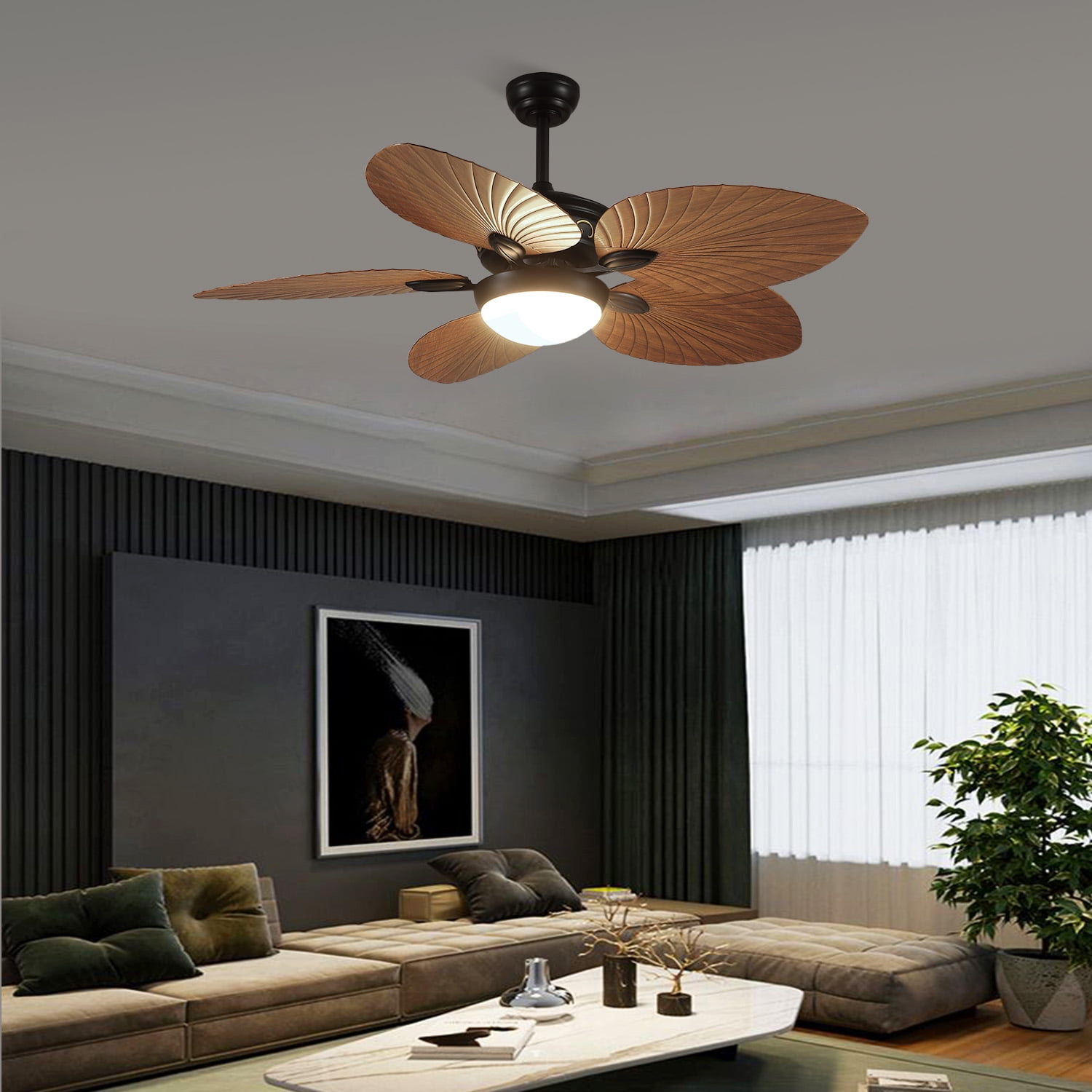 YIOSI 52 Inch Tropical Palm Leaf Ceiling Fan with LED Lights, Remote Control & App Operable, Reversible Quiet DC Motor, Dimmable, Indoor/Outdoor Ceiling Fans for Patios, Porches, Living Room, Brown