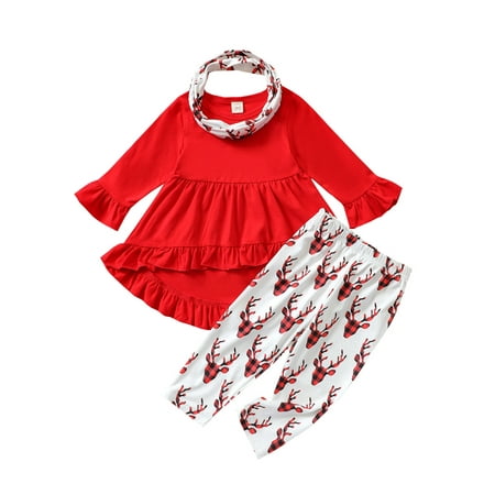 

Canrulo Christmas Kids Baby Girls Clothes Sets Long Sleeve Pullovers Tops Printed Pants Scarf Outfits Red Deer 18-24 Months