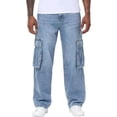 thumbnail image 2 of LODIENY Men's Stretch Loose Fit Wide-Leg Baggy Cargo Jeans Heavyweight Basic Fit Washed Denim Pants with Multi Pockets Light Blue XXL, 2 of 8