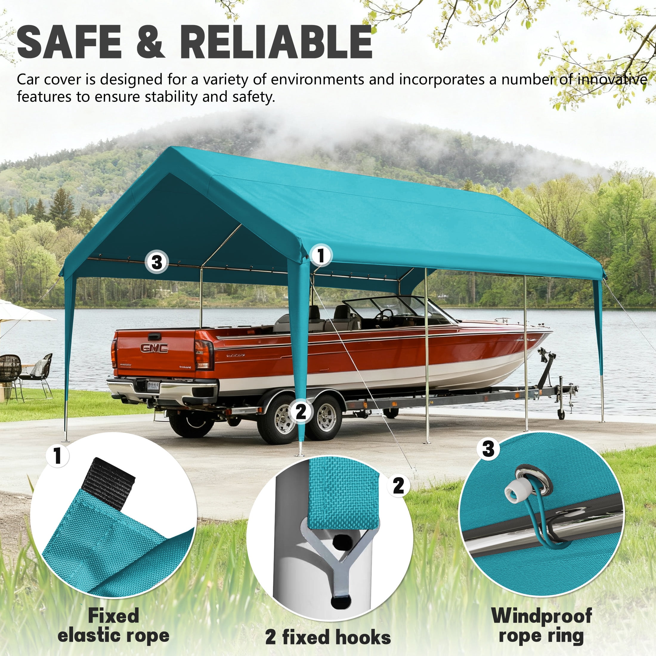 Snubbull 10x20 FT Upgraded Replacement Canopy Top Cover, Heavy-Duty Oxford Fabric for Outdoor Carport, Garage Shelter, Party Tent (Includes 34 Ball Bungees, Frame Not Included) Lake Blue