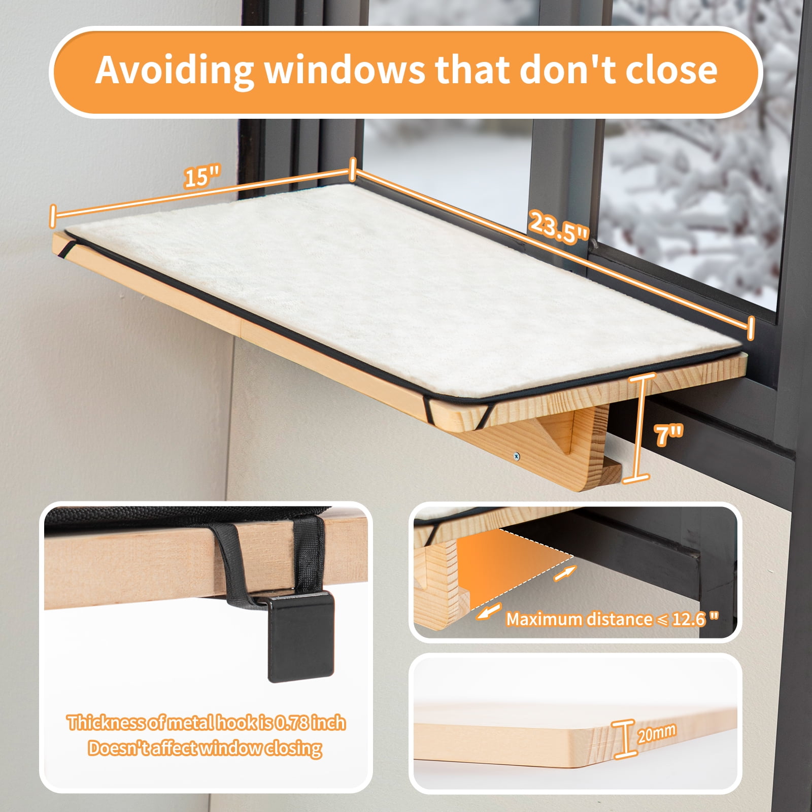 PETSFIT 2 Cats Design Window Perch, Cat Hammock Window Seat with Natural Wood &Removable Fleece Mat for Large Cats, Easy to Adjust&Assemble Cat Bed for Windowsill, Bedside and Drawer