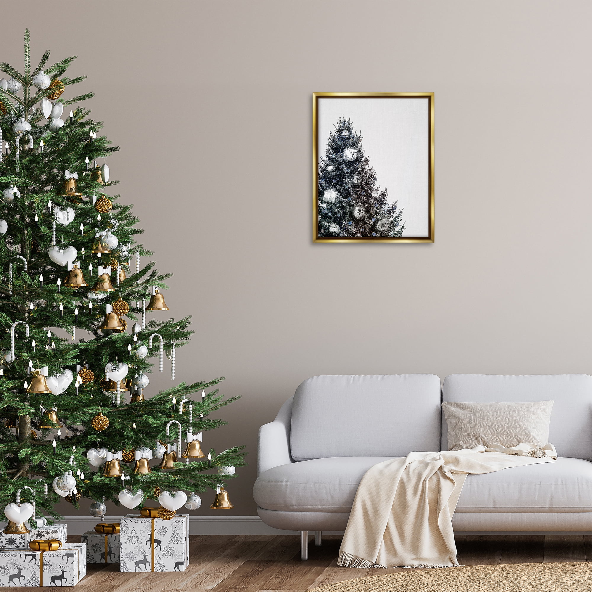 Stupell Industries Disco Ornaments on Tree Holiday Painting Gold Floater Framed Art Print Wall Art, 25 x 31