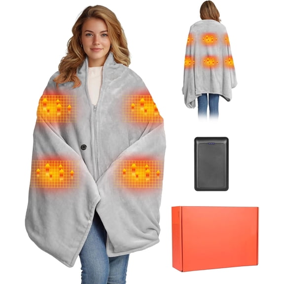 Heated Blanket Battery Operated with Fleece Lining 7.4V 16000mAh Battery 62" x 35" Heated Shawl Wraps for Women Men Cordless USB Outdoor Portable Electric Blanket 6 Heating Zones Gray