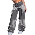 thumbnail image 2 of Y2K Tie Baggy Jeans for Women - Wide Straight Leg Denim Pants with Mid Rise Casual Boyfriend Fit Gray M, 2 of 7