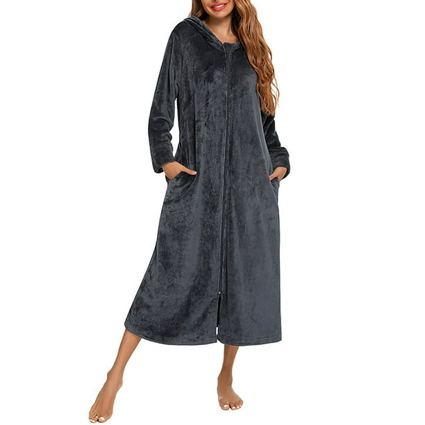 Camisón de franela de invierno de manga larga y color liso para mujer, cárdigan con capucha y cremallera.