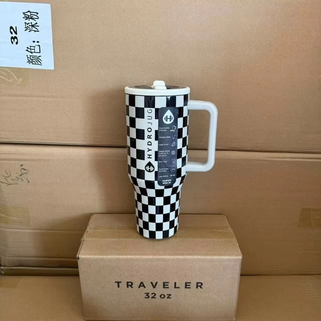 Vaso HydroJug de 32OZ/40OZ, tapa de paja para viajero, taza de coche con aislamiento al vacío de acero inoxidable, viaje térmico helado de doble pared,Black white,40OZ