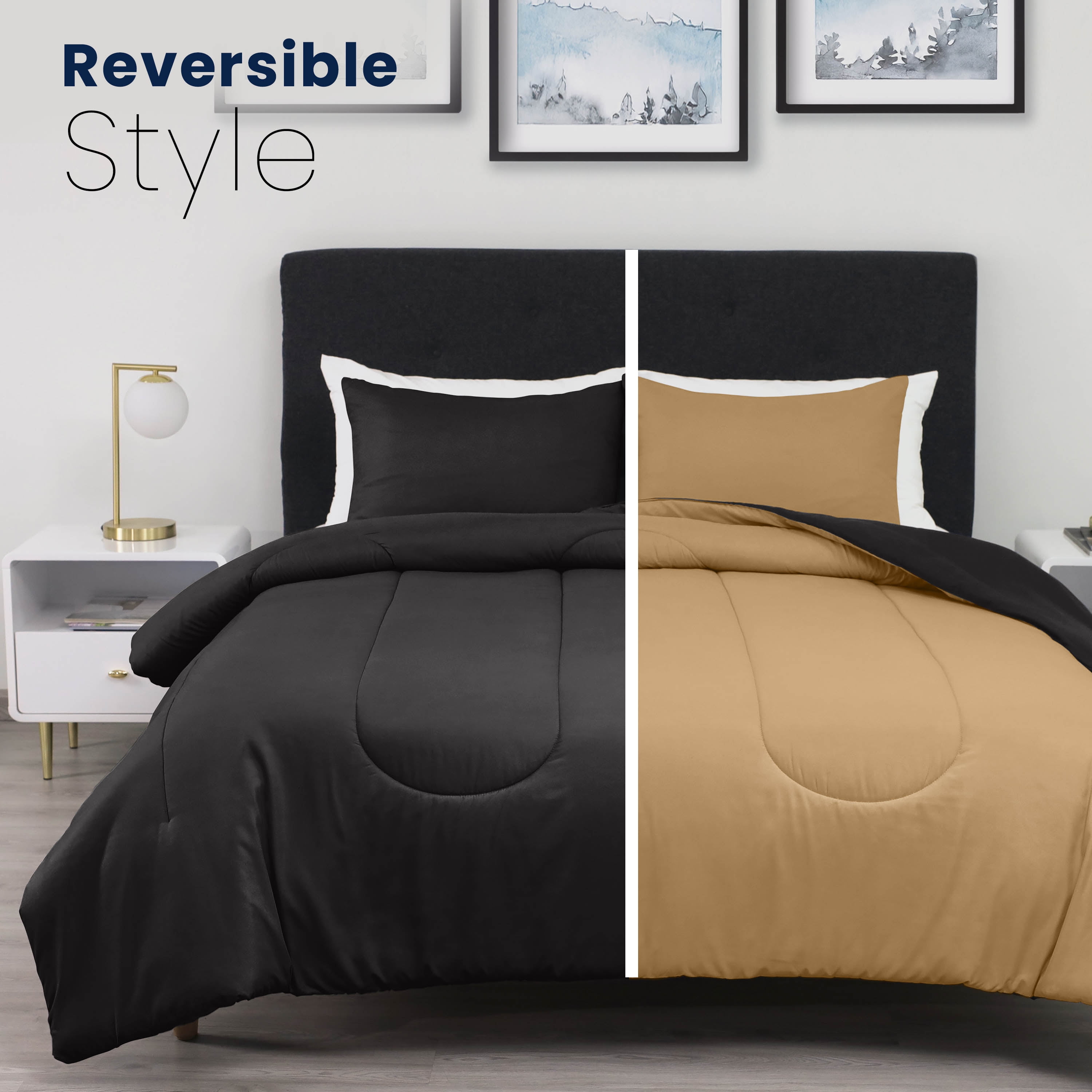 Martex 3-Piece King Reversible Comforter Set | Super Soft Lightweight | Ebony/Khaki