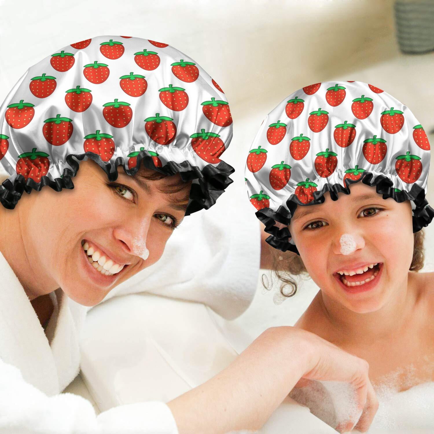 Shower Caps,Red Strawberry Plants White Pattern Waterproof Shower Cap for Women 4 Pieces,Double Reusable Hair Cover for Shower PEVA Elastic Stretch Hem