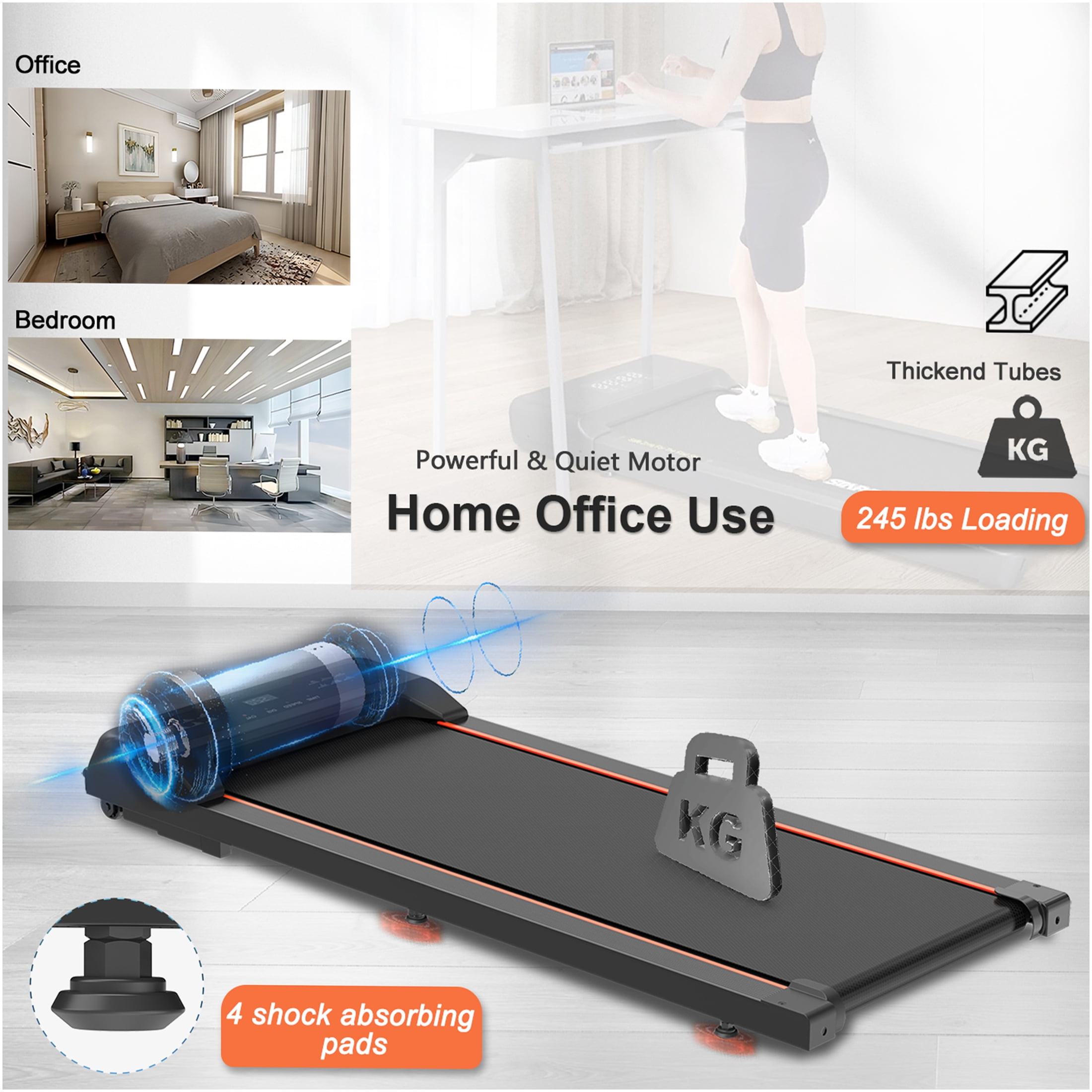 JERFIT Walking Pad Treadmill with Remote, Under Desk Electric Treadmill for Home Office, 2.5HP Portable Walking Machine with LED Display, 265LB Capacity, Black Steel Frame