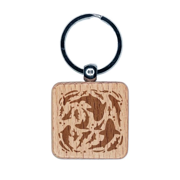 Whirlpool of Ocean Sharks and Fish Square Keychain Charm Tag - Engraved Wood