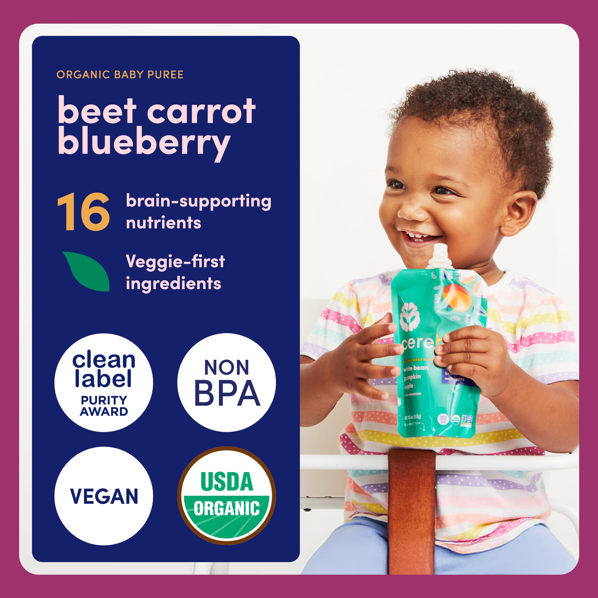 (6 pack) Cerebelly Organic Stage 2 Beet Carrot Blueberry with Coconut Milk Baby Food, 4 oz Puree