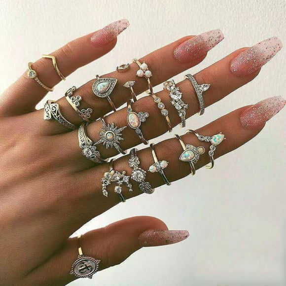 TopLLC Rings 19pcs/Set Diamond Joint Retro Hollow Star Drop-shaped Set joint ring