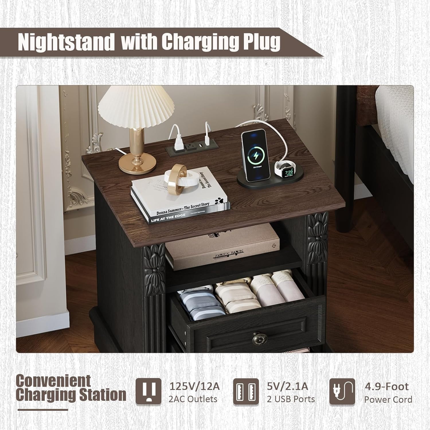 BOSHIRO Farmhouse Nightstand with Charging Station, Black & Brown Bedside End Table with Carved Pilasters, 2 Drawers and Open Shelf for Bedroom