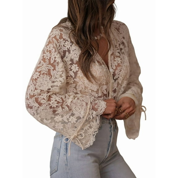Womens Hollow Lace Shirt with Flower Pattern V-Neck Long Sleeved Cardigan Top Cream White S