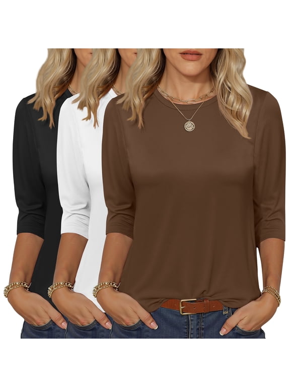 3 Pack 3/4 T Shirts for Womens Crew Neck Womens Shirts Dressy Basics Tees Casual Loose Fit Fall Tops