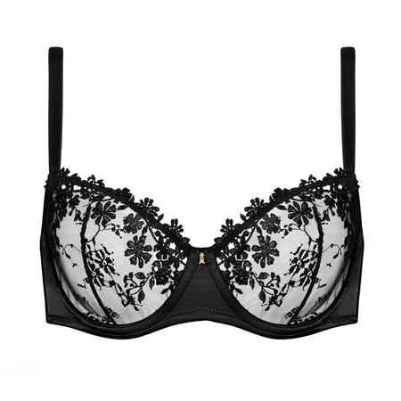 Wingslove Women s Sexy Lace Sheer Bra Demi Mesh Balconette See Through Unlined Underwire with Silicone Nipple Black 36D