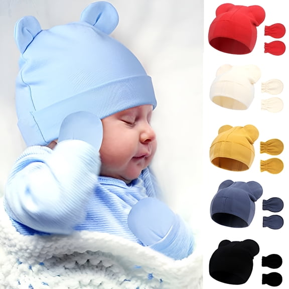 TELOLY Newborn Baby Hats and Mittens Set, Winter Bear Ears Beanies No Scratch Mittens for Infant Boys Girls