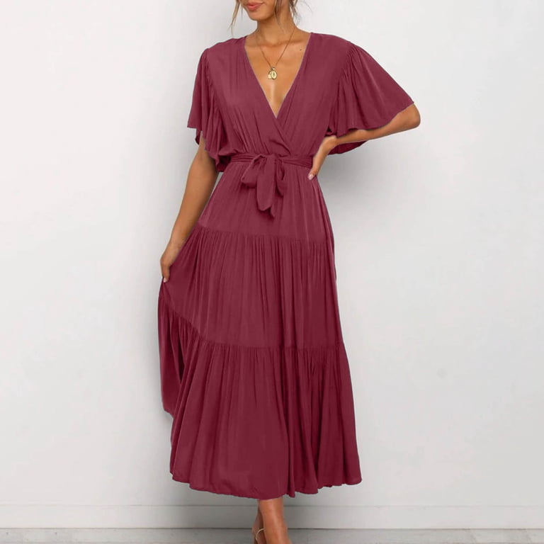 YUHAOTIN Female V Neck Commuting Printed Short Sleeved Waist Long Skirt  Bohemian Dress Red Dresses for Women Elegant Velvet Dress for Women Black  Dresses for Women Formal Sparkly - Walmart.com