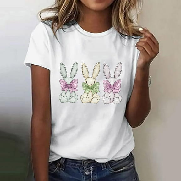 Inverlee Womens Easter Shirts Rabbits Eggs Print Tees Loose Fit Short Sleeve T Shirts Blouses Going Out Crewneck Dressy Casual Tops