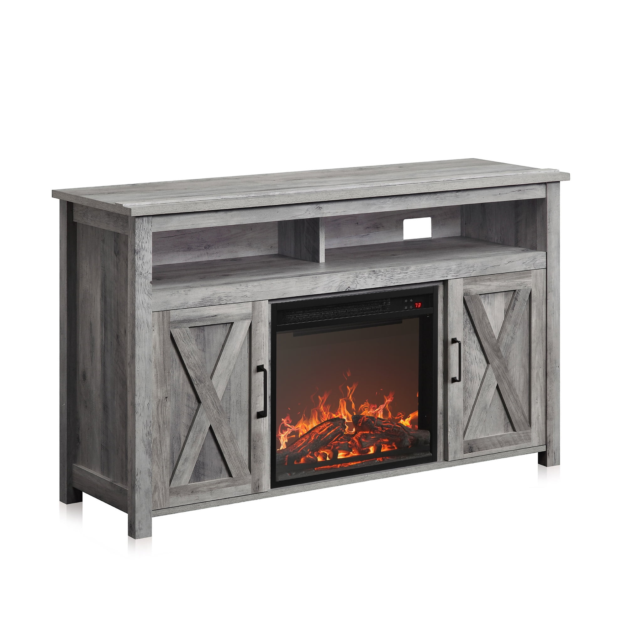 BELLEZE 48" Barn Door TV Stand Media Entertainment Center For TVs up to 50" with 18" Fireplace - Corin (Gray Wash)