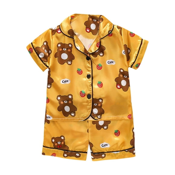 Zwiiyzr 2025 Pajama Set for Toddler Baby Girl Cute Bear Pattern Button Down Satin Pajama Set Sleepwear Nightwear Loungewear Baby Clothes Set Gifts for Kids 1-5 Years Yellow