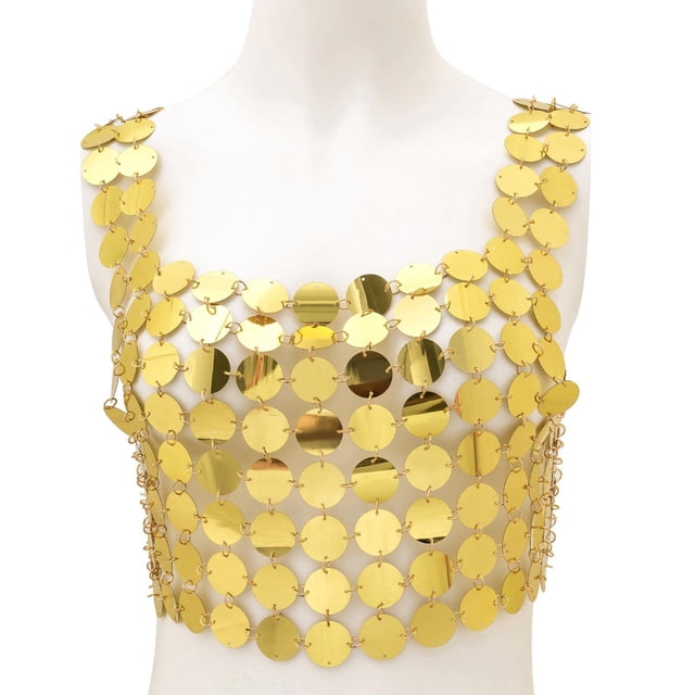 Lentejuelas de lujo Chaleco superior Joyas para el cuerpo Brillante Ahueca hacia fuera Decoración Ropa Sin espalda Niñas para Beach Music Festival , dorado Hugo Chaleco de lentejuelas