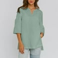 thumbnail image 2 of Olyvenn Women Cotton Linen Summer Shirts V Neck Short Sleeve Top Solid Color Side Slit Casual Summer Blouse for Fall Green S, 2 of 9