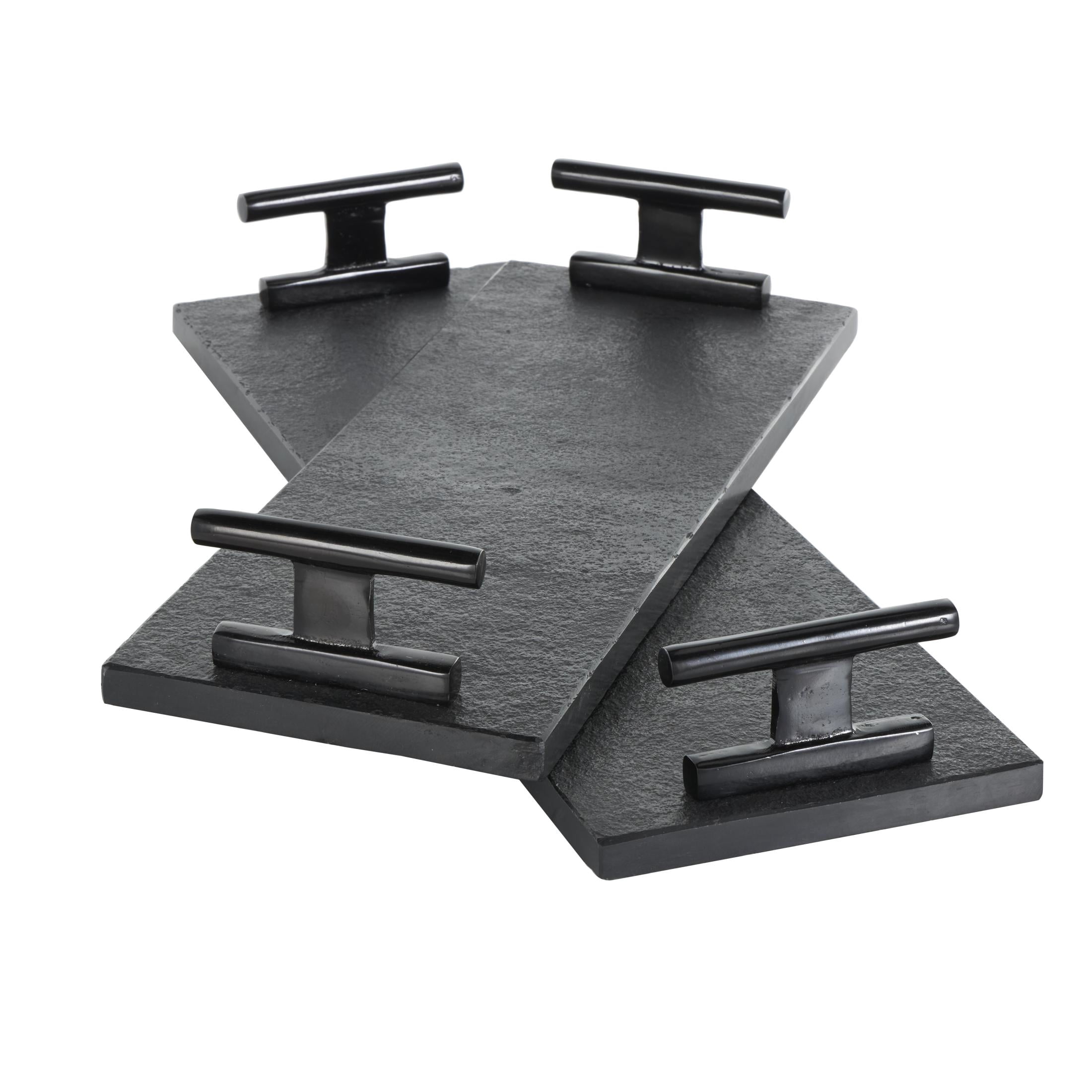 DecMode 22", 18"W Black Marble Textured Tray with Black Handles, 2-Pieces