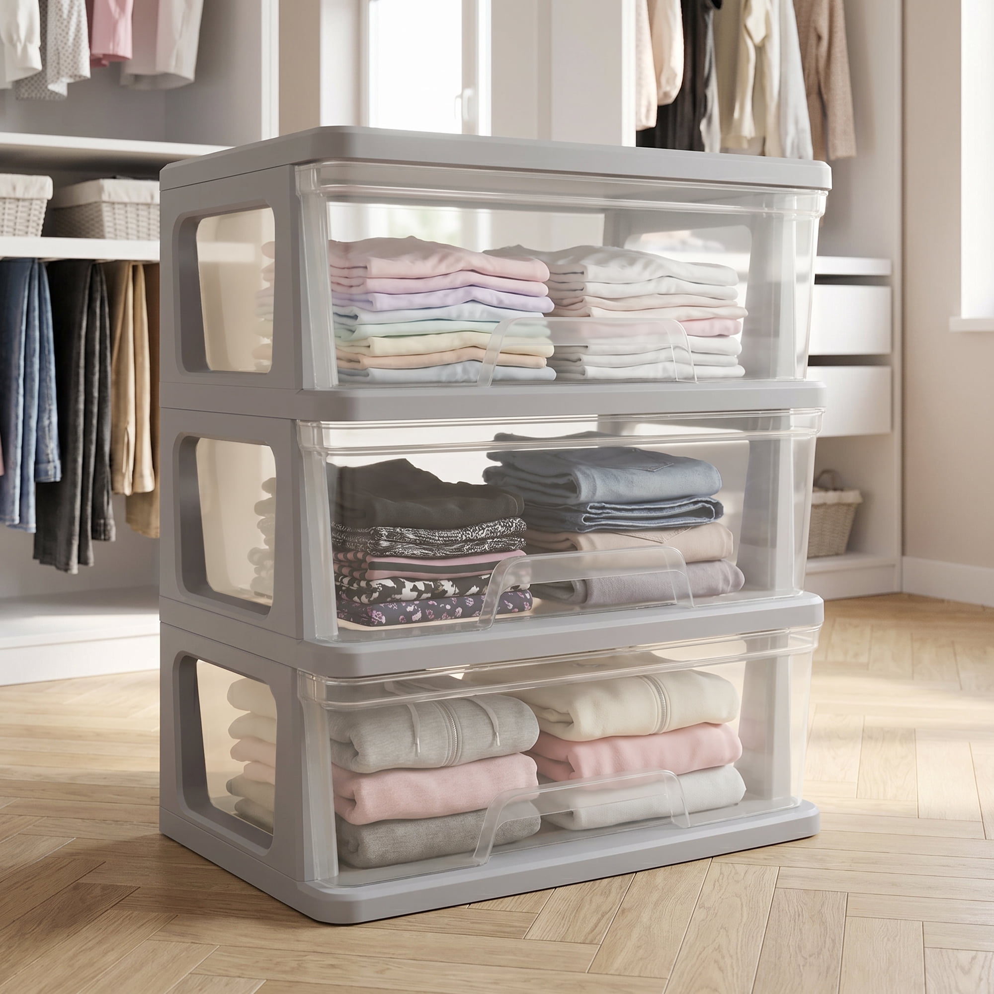 Starplast 3-Drawer Organization Tower Wide Storage Cart, Silver Plastic