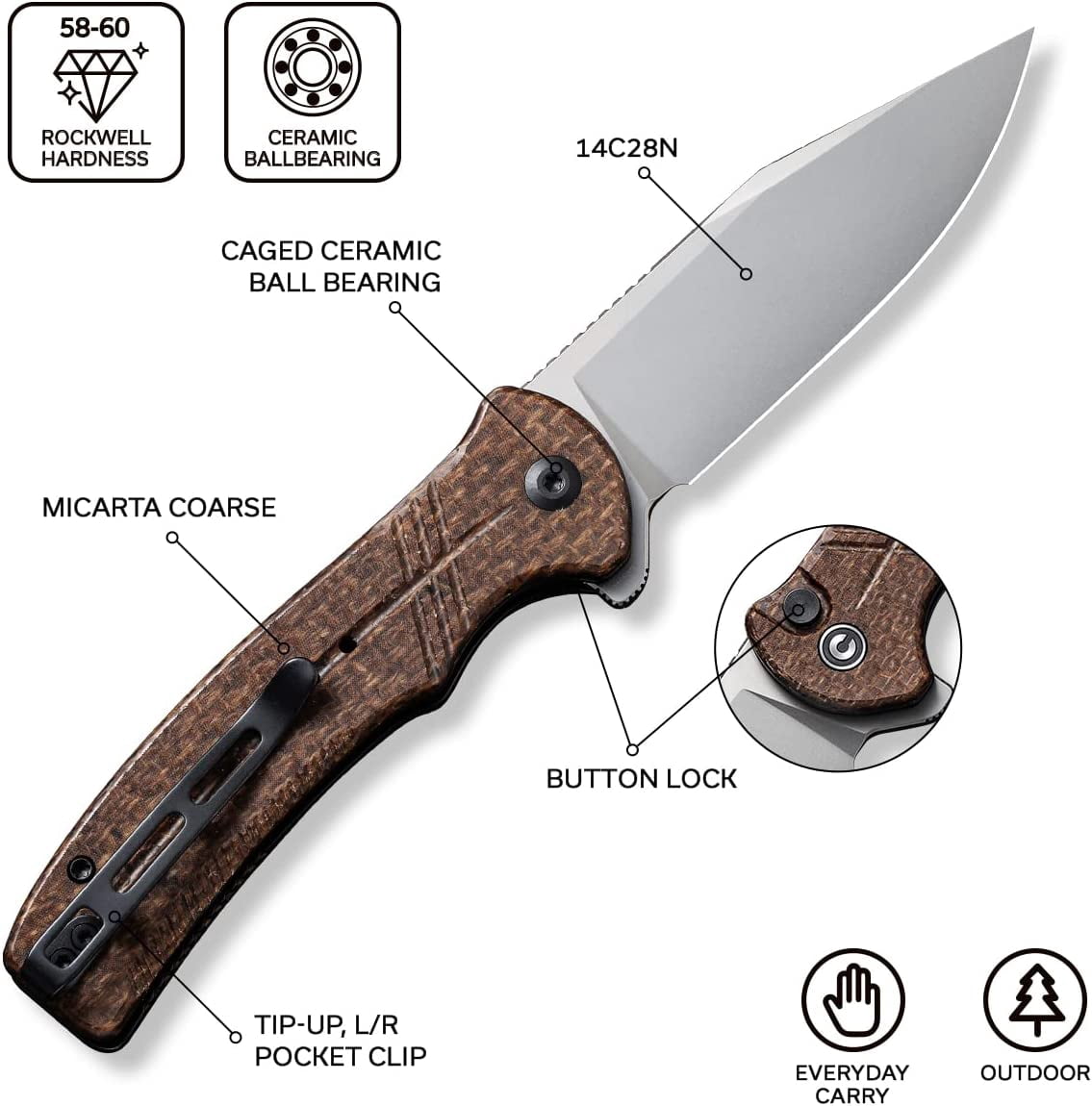 CIVIVI Cogent Button Lock C20038D-6 Knife 14C28N Stainless Steel & Brown Micarta Pocket Knives