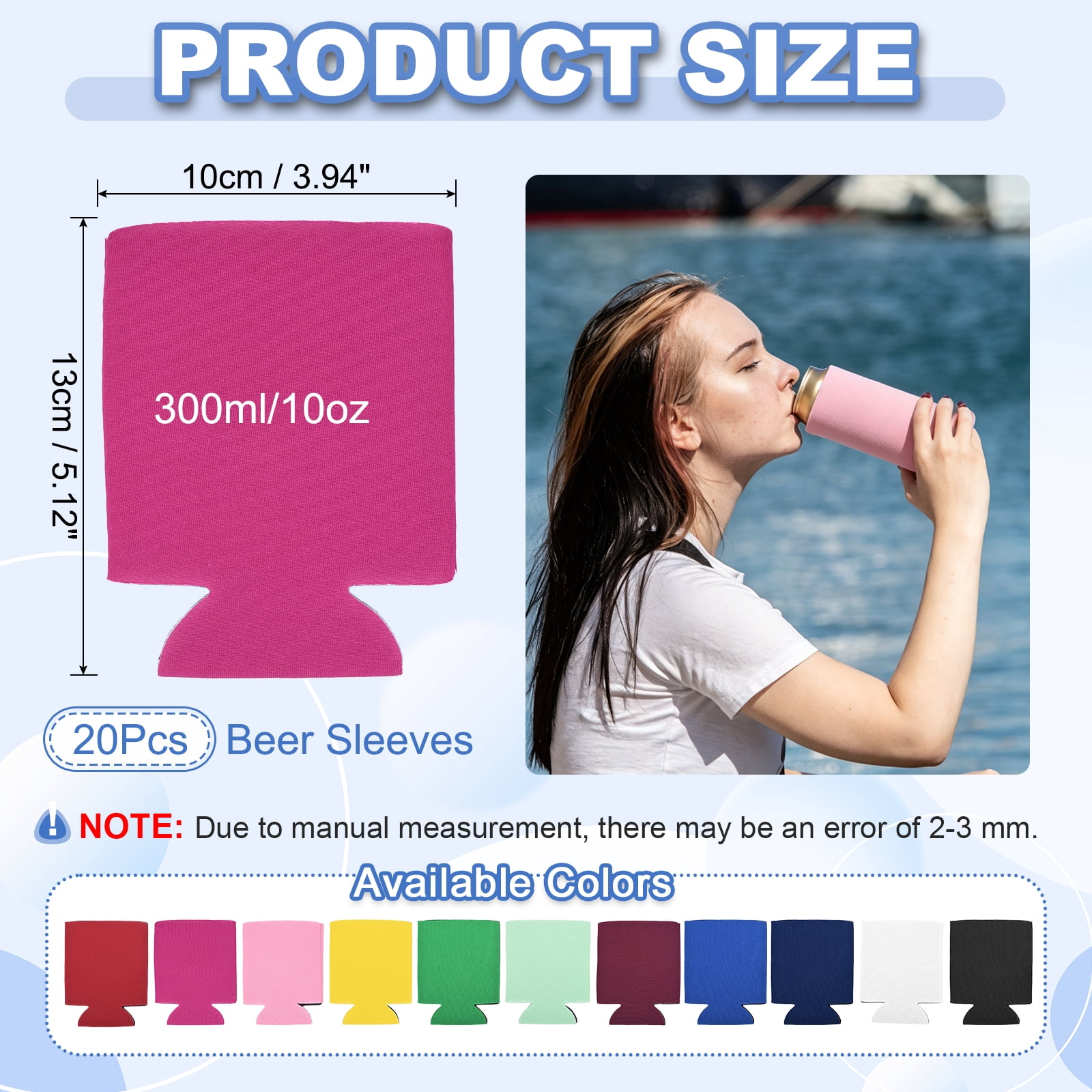 Uxcell 20Pcs Beer Can Coolers Covers, Neoprene Blank Drink Cooler Sleeves Collapsible Insulated Reusable Soda Cover for 10oz Bottles Seltzer DIY Weddings Beach Picnic Party, Rose Red