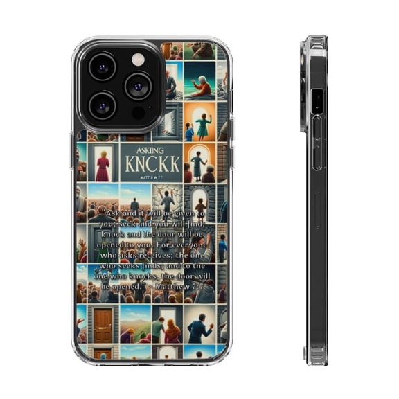 DistinctInk Hybrid (Acrylic / TPU) Clear Slim Fit Case for Apple iPhone 13 Pro (6.1" Screen) - "Matthew 7:7 - Asking, Seeking, and Knocking: Divine Promises"