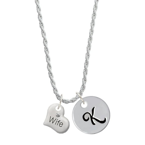 Delight Jewelry Silvertone Small Wife Heart Silvertone Script Initial Disc - K - Charm Necklace, 20"+3"